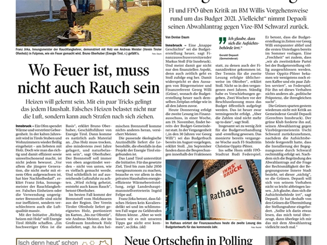 Artikel aus der Tiroler Tageszeitung vom 12.11.2020 zum Pressetermin Richtig heizen mit Holz am 11.11.2020 in Fulpmes